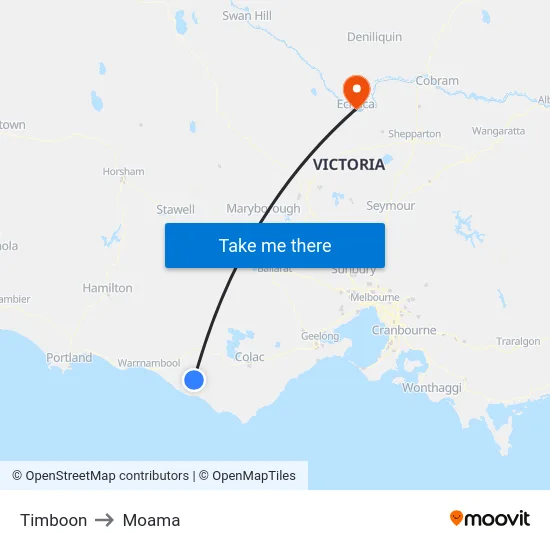 Timboon to Moama map