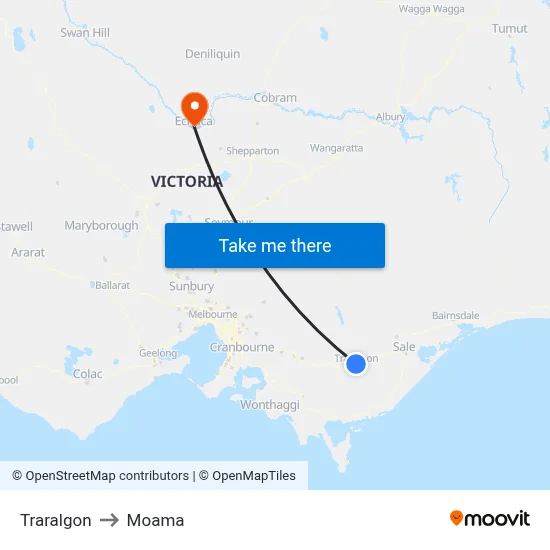 Traralgon to Moama map