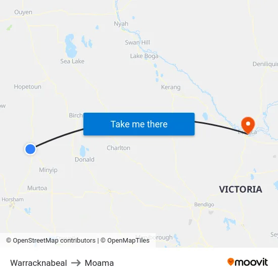 Warracknabeal to Moama map