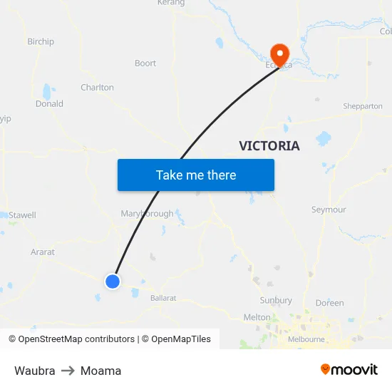 Waubra to Moama map