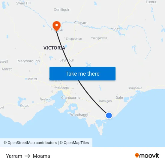 Yarram to Moama map