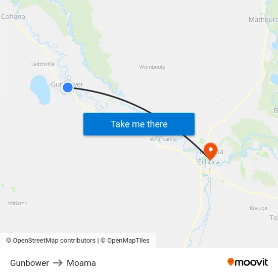Gunbower to Moama map