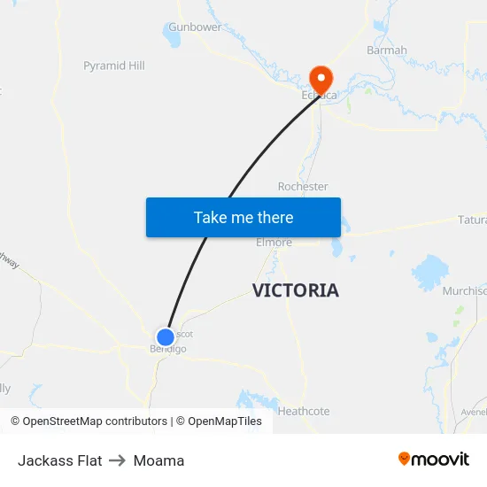 Jackass Flat to Moama map