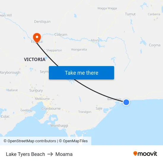 Lake Tyers Beach to Moama map