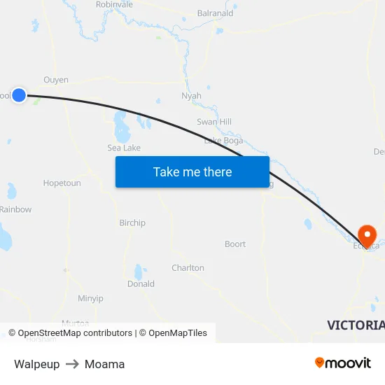 Walpeup to Moama map