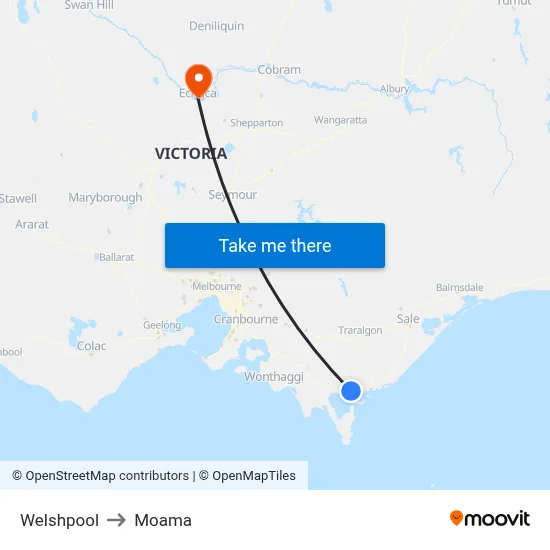 Welshpool to Moama map