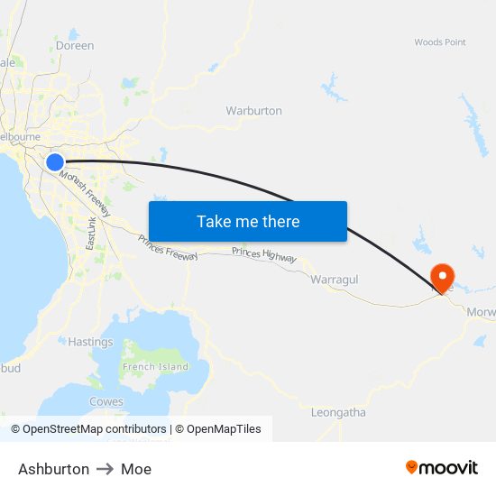 Ashburton to Moe map