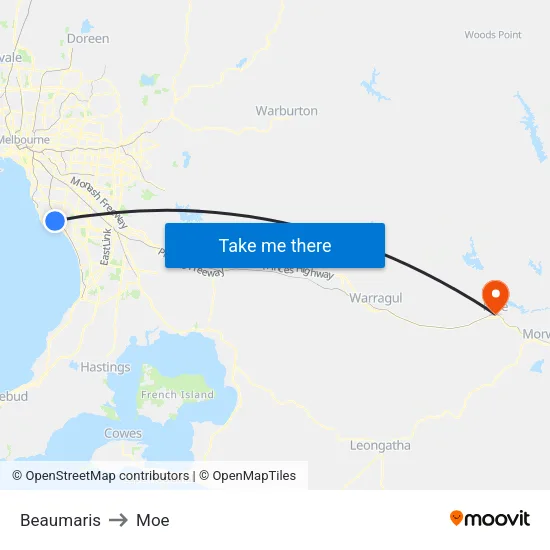 Beaumaris to Moe map