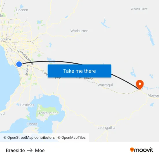 Braeside to Moe map