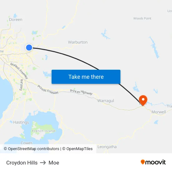 Croydon Hills to Moe map