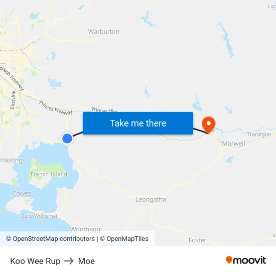 Koo Wee Rup to Moe map