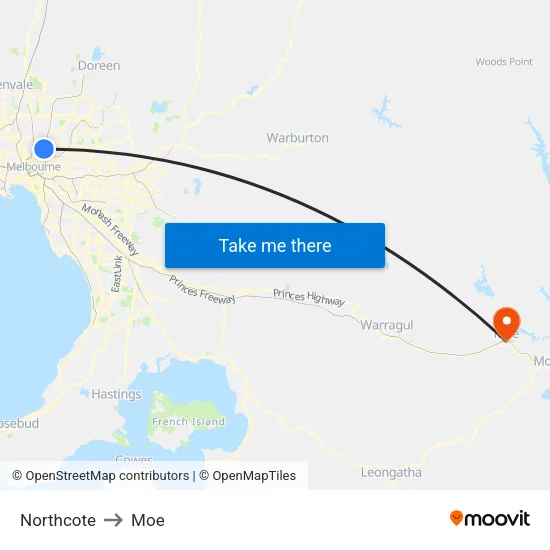 Northcote to Moe map