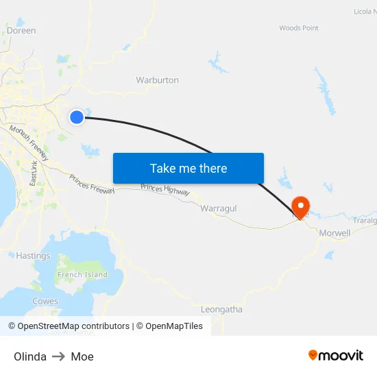 Olinda to Moe map
