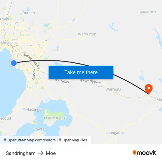 Sandringham to Moe map