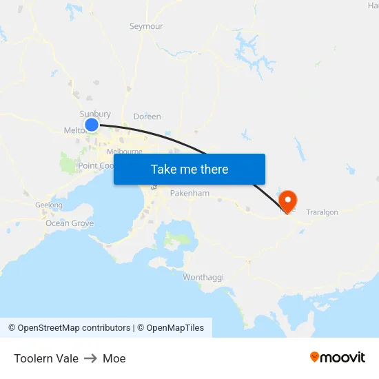 Toolern Vale to Moe map