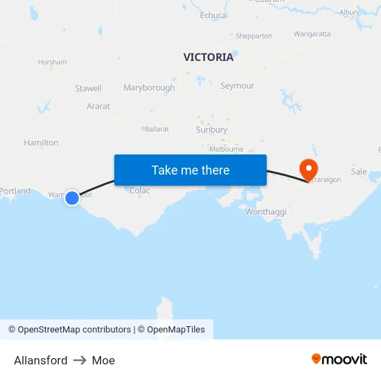Allansford to Moe map
