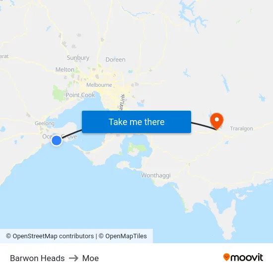 Barwon Heads to Moe map