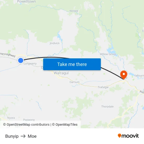Bunyip to Moe map