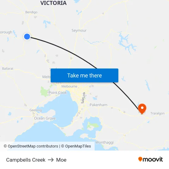 Campbells Creek to Moe map