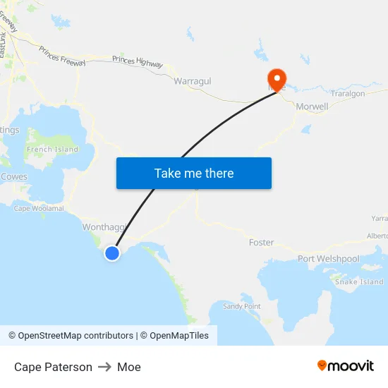 Cape Paterson to Moe map