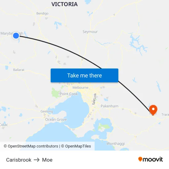 Carisbrook to Moe map