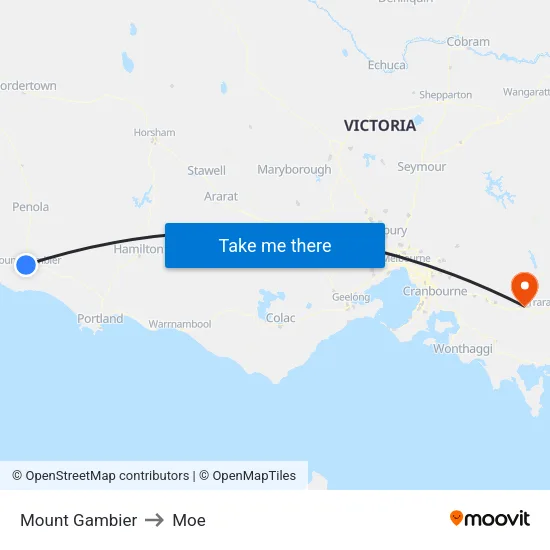 Mount Gambier to Moe map
