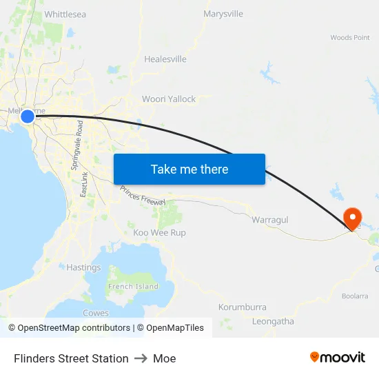 Flinders Street Station to Moe map