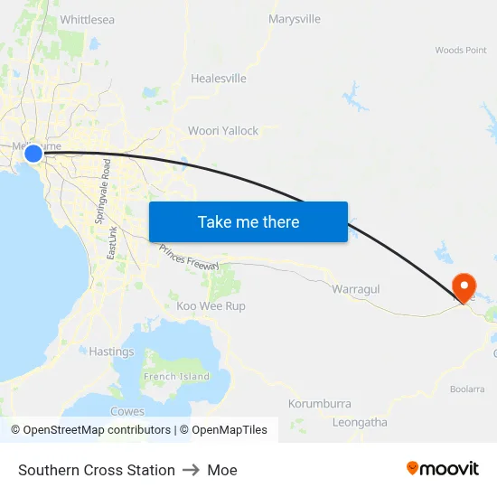 Southern Cross Station to Moe map