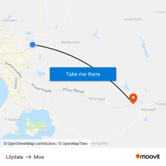 Lilydale to Moe map