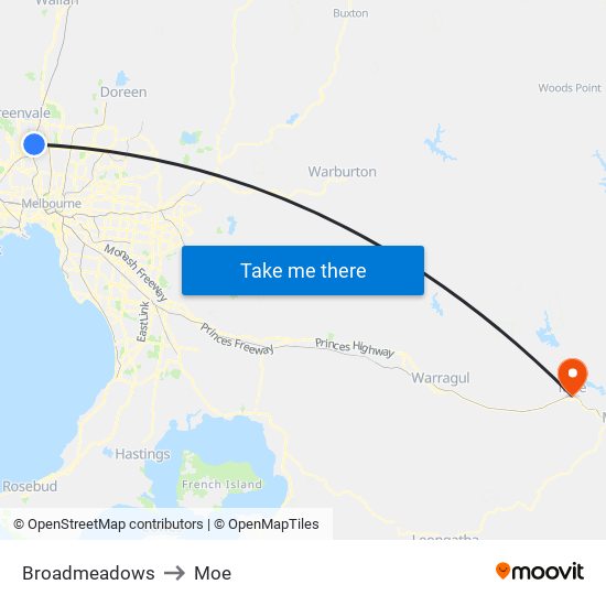 Broadmeadows to Moe map