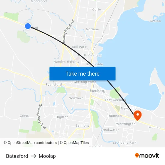 Batesford to Moolap map