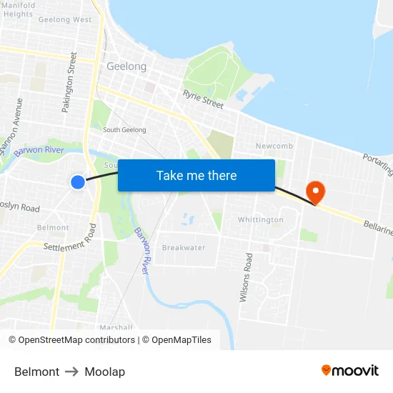 Belmont to Moolap map