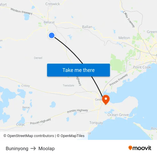 Buninyong to Moolap map