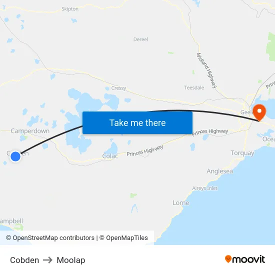 Cobden to Moolap map