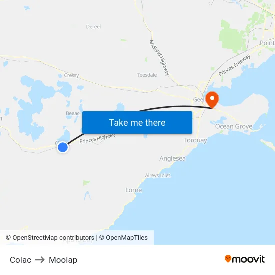 Colac to Moolap map