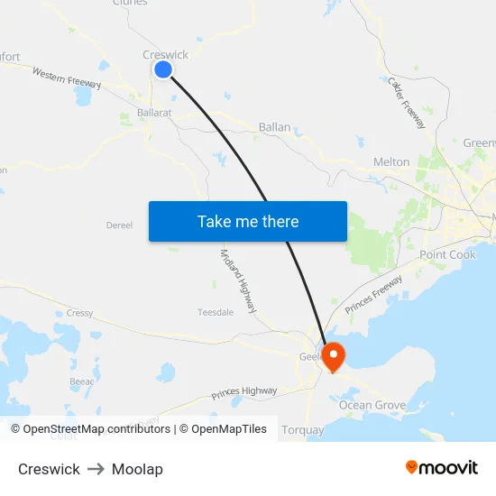 Creswick to Moolap map