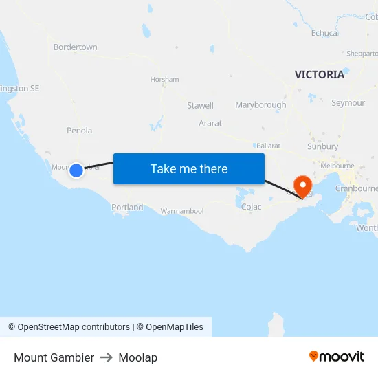 Mount Gambier to Moolap map