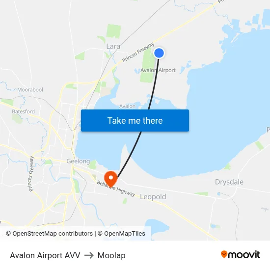 Avalon Airport AVV to Moolap map