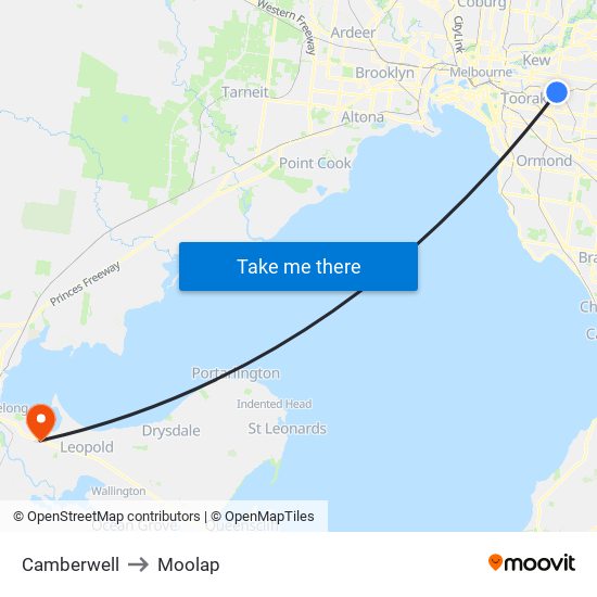 Camberwell to Moolap map