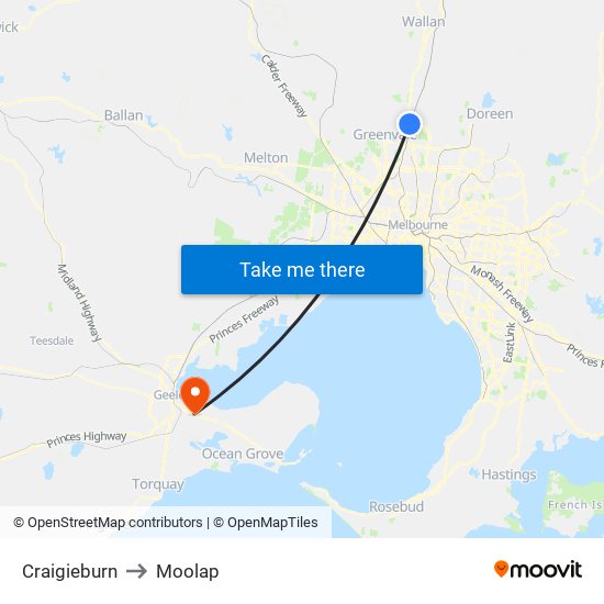 Craigieburn to Moolap map