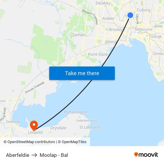 Aberfeldie to Moolap - Bal map