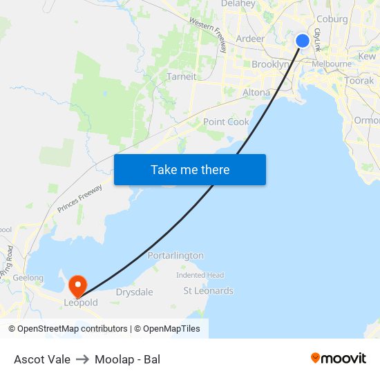 Ascot Vale to Moolap - Bal map