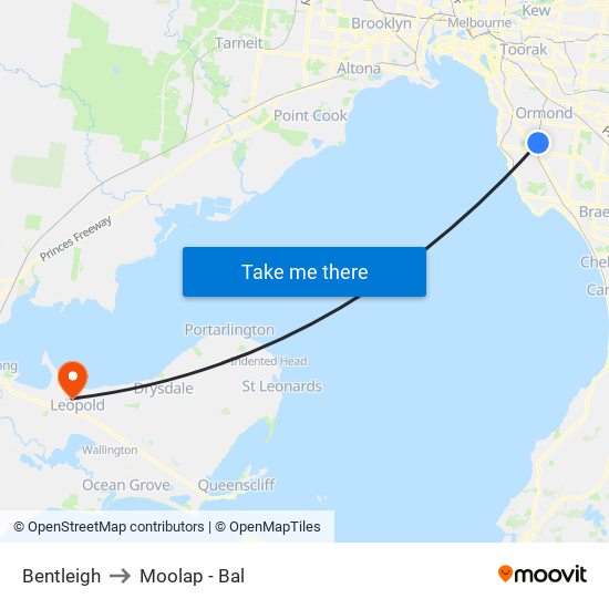 Bentleigh to Moolap - Bal map