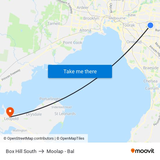 Box Hill South to Moolap - Bal map