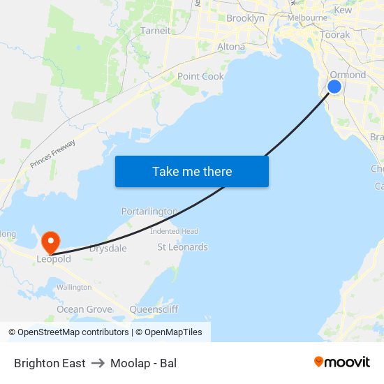 Brighton East to Moolap - Bal map