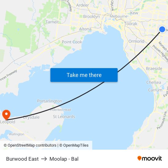Burwood East to Moolap - Bal map