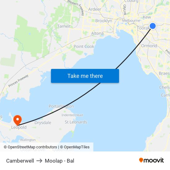 Camberwell to Moolap - Bal map