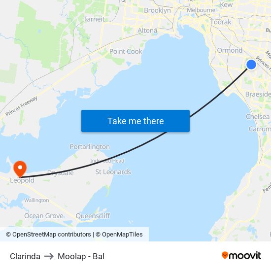 Clarinda to Moolap - Bal map