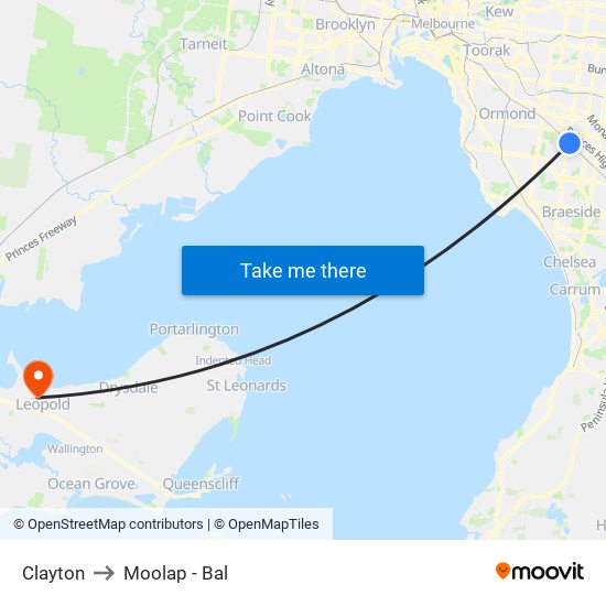 Clayton to Moolap - Bal map