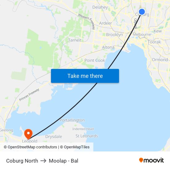 Coburg North to Moolap - Bal map